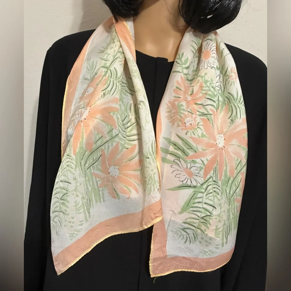Vintage Vera Neumann Floral Scarf Peach Green 100% Acetate Made in Japan 13x40